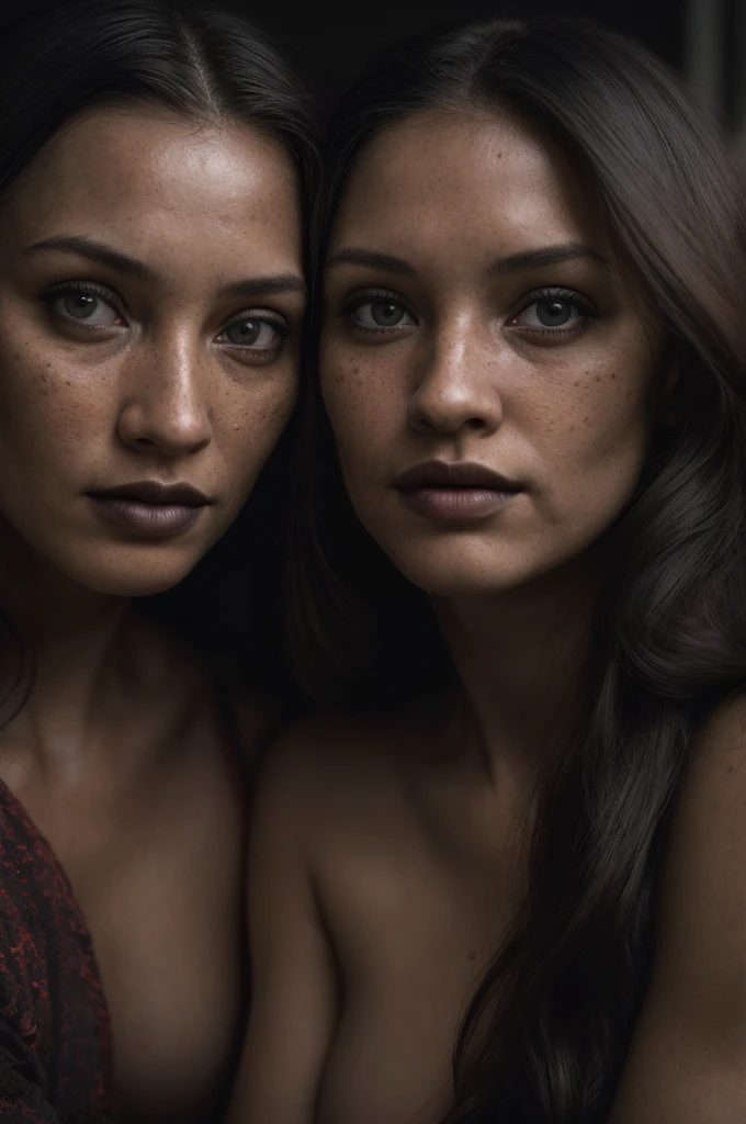 (close-up, editorial photograph of a 2 woman), (highly detailed face:1.4) (smile:0.7) (background inside dark, moody, private study:1.3) POV, by lee jeffries, nikon d850, film stock photograph ,4 kodak portra 400 ,camera f1.6 lens ,rich colors ,hyper realistic ,lifelike texture, dramatic lighting , cinestill 800,