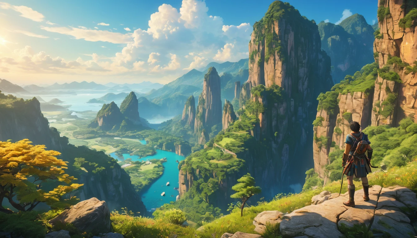 (anime, fantasy, adventurer), (detailed CG unity 8k wallpaper, masterpiece, best quality, hyperdetailed, HDR:1.2), vibrant colors, an adventurer arrived in the new land, standing on the edge of cliff. {4k texture} {detailed landscape}, beautiful