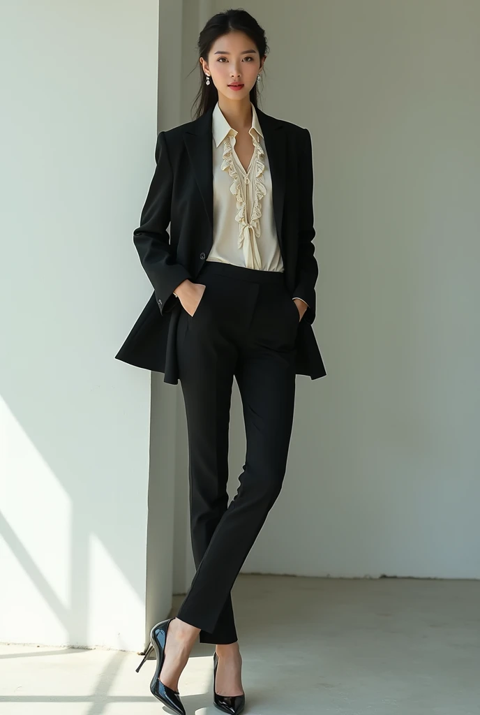 Korean female model wearing blazer, elegant blouse with ruffles, ties, pants and pumps. extremely elegant.