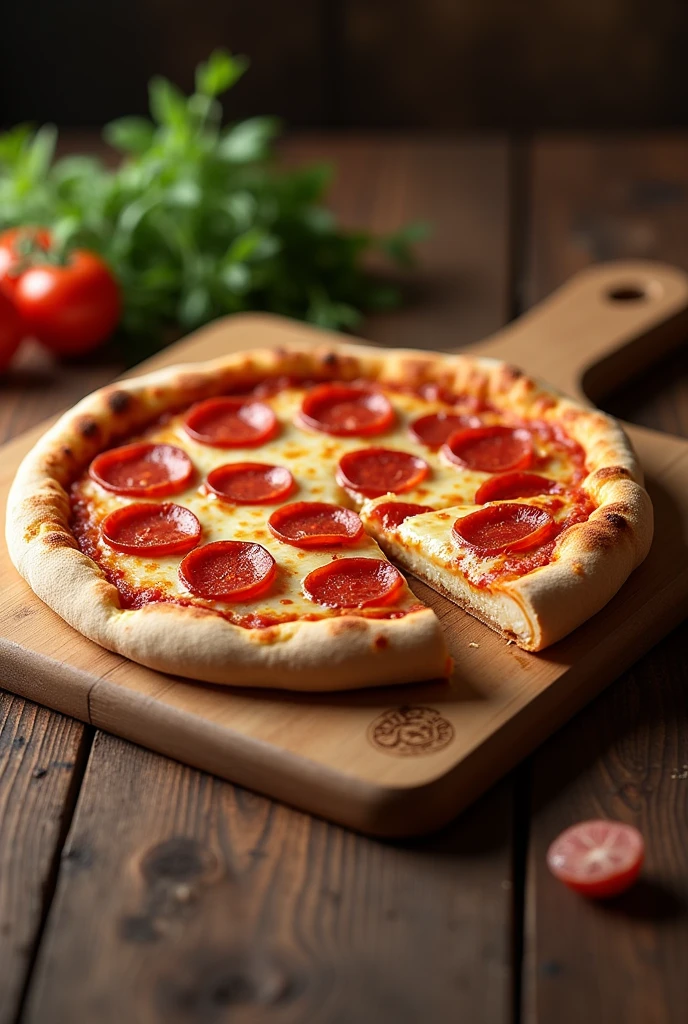 "Create an image of a square cutting board, larger than the pizza, featuring the logo of 'Brisas do Norte' engraved or embossed in one of the corners. The cutting board should have a natural wooden texture. On top of the board, place a realistic Italian-style pizza with pepperoni, already cut into slices. The pizza should have melted cheese and a slightly raised slice, emphasizing the realism. The logo should be visible on the cutting board, complementing the overall presentation with a premium touch."