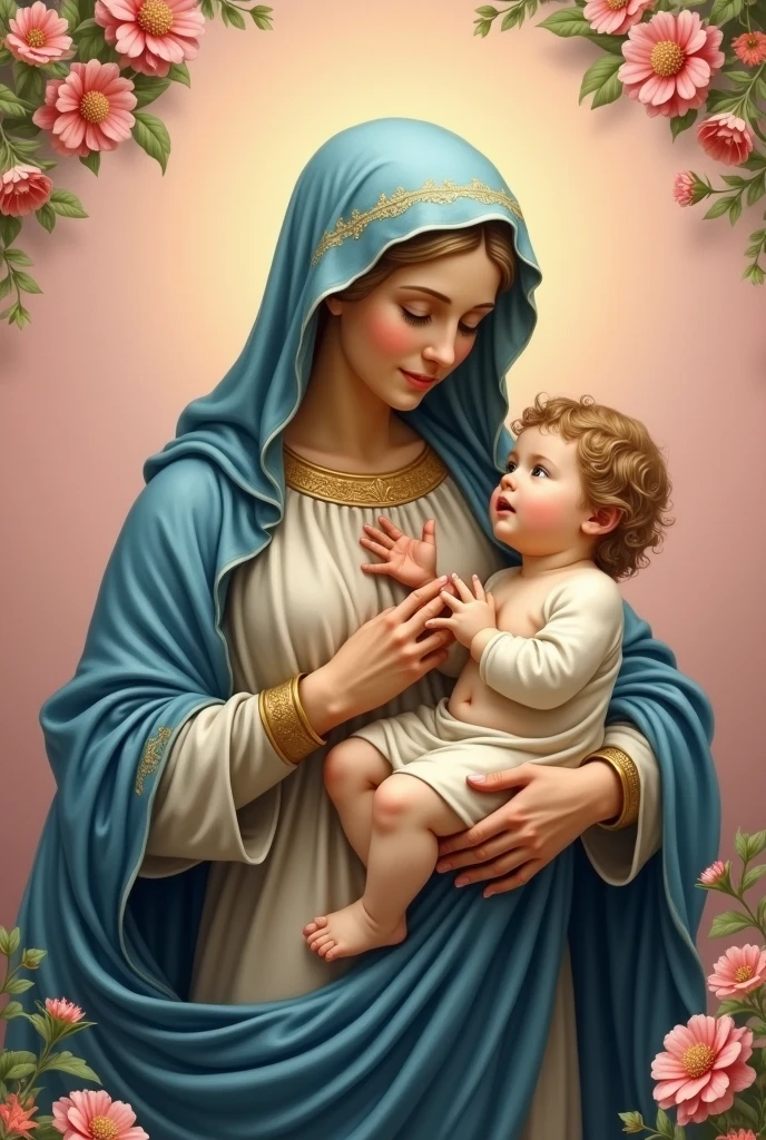  Image in the form of a drawing of our lady with jesus in the drawing style  , with veil in shades of blue, and pink background with flowers , painting for a bedroom wall