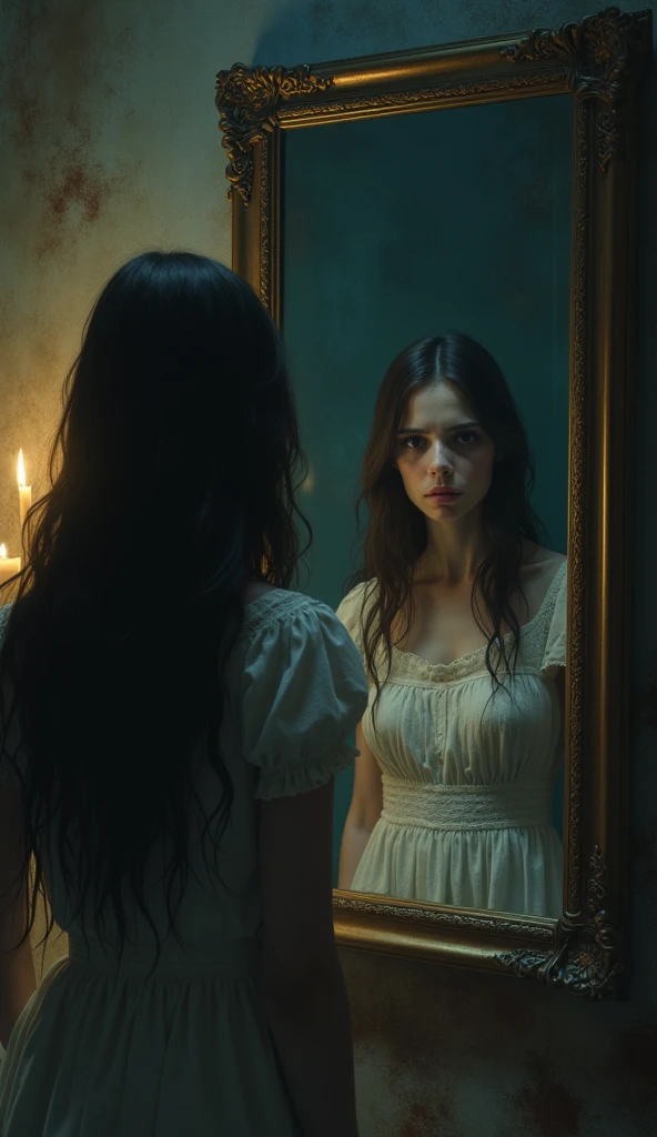 A brunette woman looking at the mirror her reflection separated from her and got stuck in the mirror . Dark gloomy atmosphere of horror tales