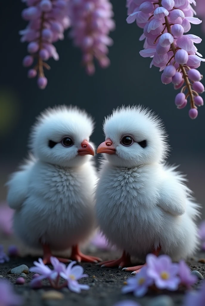 A captivating and surreal photographgraph of a cute extra fluffy two baby 雷鳥 rendering of 藤の花, Dark Background. feather, Bright colors,  The background provides sharp contrast、Engage your audience&#39;Note., photograph, 3D Rendering, Conceptual Art