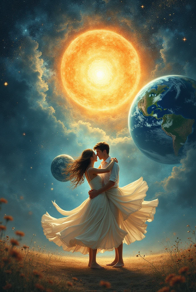 The sun, the Earth and a woman dancing with a boy.