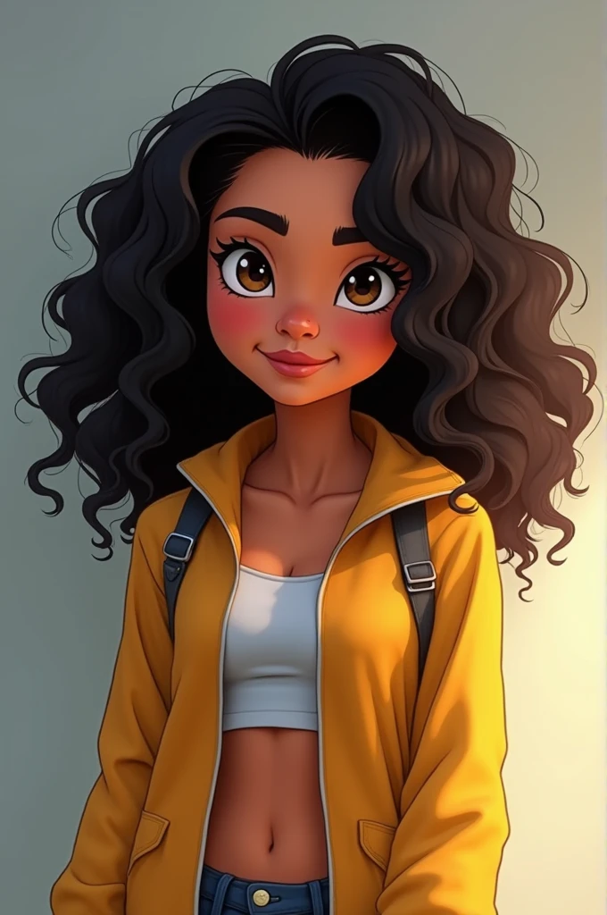 a 4k portrait of kim Possible with a medium skin tone and dark curly hair