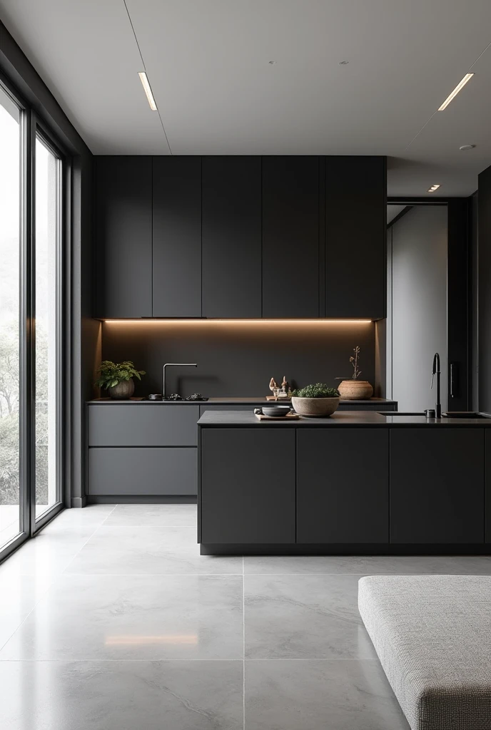 Create a 2m by 2m kitchen.5m in black and white tones with a window on the left of the image and a door on the front wall leading to the bedroom