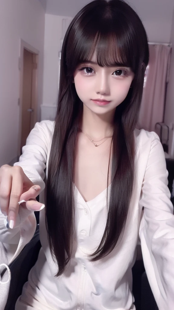 masterpiece、highest quality, highest quality, Official Art:1.2, Cinema Lighting、 Realistic depiction、photograph、RAW quality、Ultra-high resolution, Wide Lighting, Natural shading), Absolute area、Detailed Background、Background Blur、Detailed and beautiful background slim, (Lip gloss, Beautiful Face、Perfect round ass、the body is スリム、(detailed パーフェクト human body:1.5), Pale skin、Shiny bright eyes、Thick and long eyelashes、(((All these pajamas are made from super soft fleece:1.8, zetai ryoiki, All these pajamas are made from super soft fleeceで作られています、shorts:1.3, Pink and white with thick white horizontal stripes))), (Long black hair, Little devil smile:1.3),(Super big boobs:1.3, A bold pose with her chest sticking out)、indoor、Background of the apartment room、Window with a night view、Sit on the bed