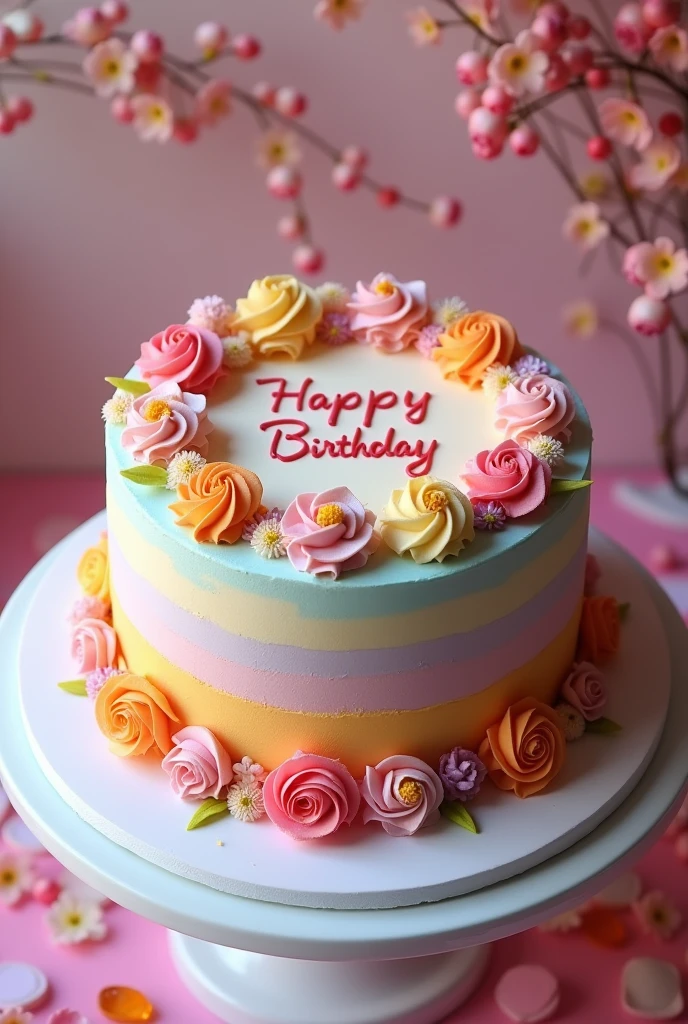 Make a beautiful cake where written is Happy birthday Bibek