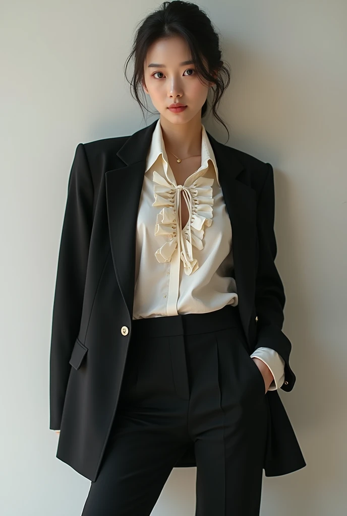 Korean female model wearing blazer, elegant blouse with ruffles, ties, pants and pumps. extremely elegant.