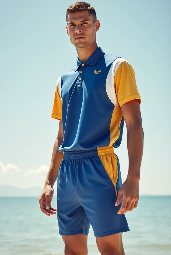I want a model of a polo shirt and sports shorts for the Olympics with the colors blue, white and gold with a round neck