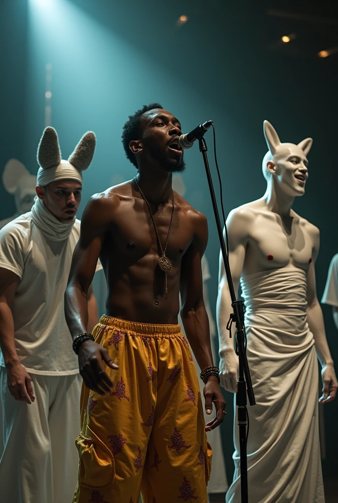 Photo 3: un jeune homme noir qui chante et qui a un pentathlon djinn et un démembré blanc avec une serviette au cour entrain de chanter