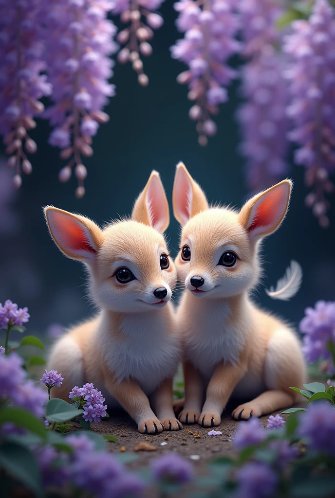 A captivating and surreal photographgraph of a cute extra fluffy two ニホンカモシカ rendering of 藤の花, Dark Background. feather, Bright colors, The background provides sharp contrast、Engage your audience'Note., photograph, 3D Rendering, Conceptual Art