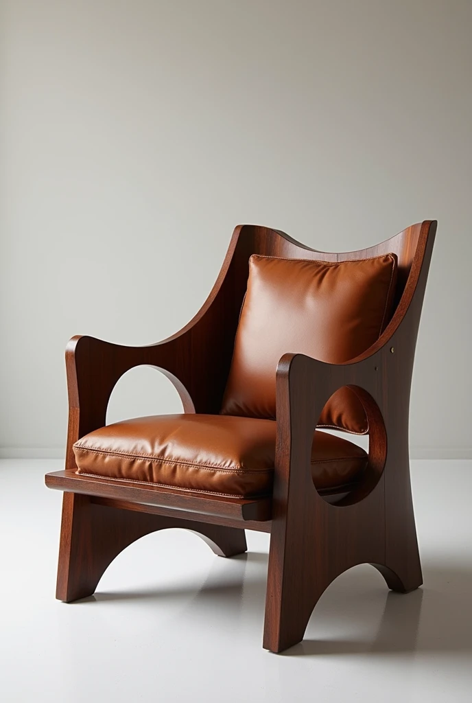 "Create an image of a luxury wooden armchair with a modern design, inspired by the works of Sérgio Rodrigues. The armchair must combine the designer's characteristic sophistication and elegance with contemporary elements.. Present elegant and innovative shapes, maintaining ergonomics and comfort, with a robust and stylized structure. Use high quality wood finishes, like rosewood or walnut, and incorporate premium fabric or leather upholstery, with possible details in modern patterns or colors. I wish it was more rustic"