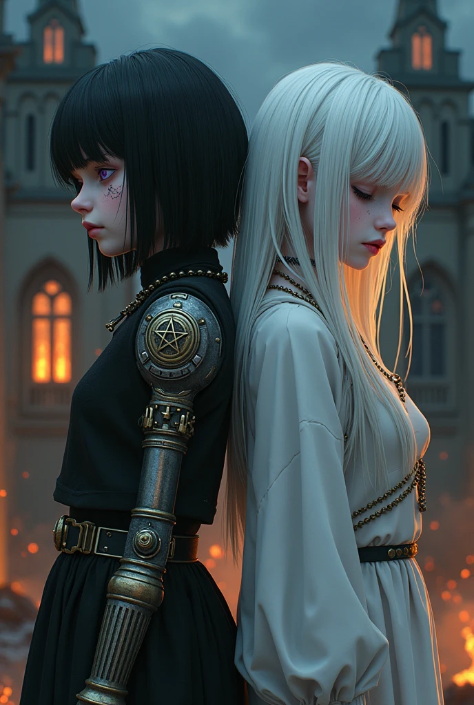 Two pale girls from the middle ages, back to back left with violet violet eyes, black short hair, black alchemist robes with technology, cut on the face, steampunk arm prosthesis with pentagram, exalting suffering, right with white nun clothes with details, long white hair, eyes closed in sadness with a rosary, church and flames at night realistic.