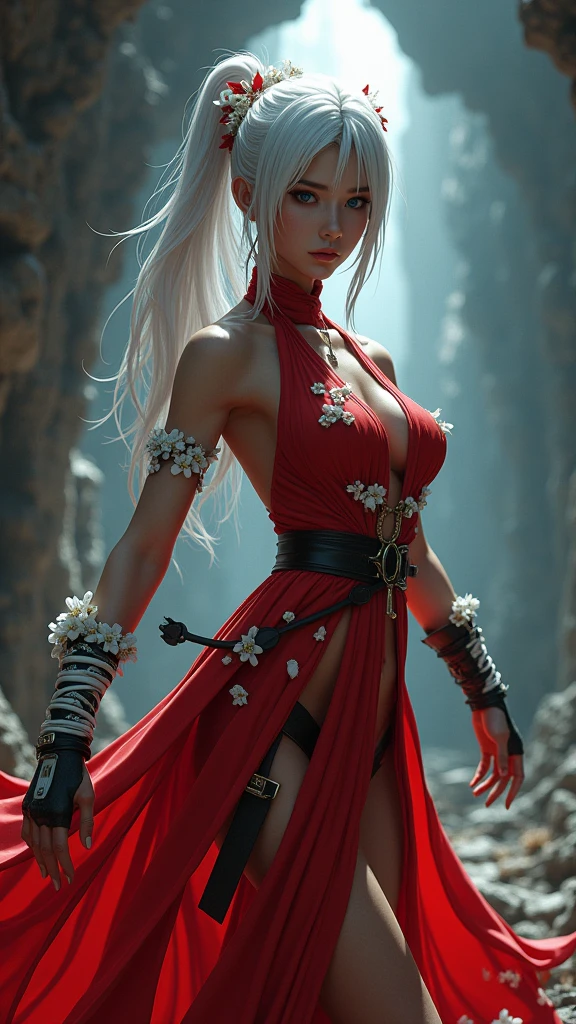 (La Best Quality,A high resolution,Ultra - detailed,actual),Mai Shiranui,( Mai Shiranui The King of Fighters:1.4 ),(cabello white canoso :1.4), (Red dress/white similar to the one used by ninjas:1.4) ,(They added white flowers to her dress, as well as a black belt with yellow tones) .,(Dungeon Ruins Background Ruined Cave Cavern :1.4 ), Unreal Engine:1.4,UHD,The best quality:1.4, Photorealistic:1.4, skin texture:1.4, masterpiece:1.8, epic fantasy art style hd, 4K fantasy art, epic fantasy digital art style, epic fantasy art style, Fantasy Woman, epic fantasy art portrait, Epic fantasy style, hyperrealistic fantasy art, hd fantasy art, epic fantasy character art, epic fantasy art, in style of dark fantasy art, epic fantasy digital art, (cowboy pose :1.4), (cinematic lighting :1.4), (Mai Shiranui:1.4), (Mai Shiranui :V2.1), (face detailed :1.4), (perfect anatomy :1.4) (85mm f/1.4), More detailed 8K.Unreal Engine:1.4,UHD,La Best Quality:1.4, Photorealistic:1.4, skin texture:1.4, masterpiece:1.8,first work, Best Quality,object object], (detailed face features:1.3),(The correct proportions),(Beautiful blue eyes:1.4 ),  (cowboy pose:1.4 ), (perfect anatomy detallado :V2.1),( not mutations), (armadura white cyborg plastic transparent plastic ninjas :1.4),( plastic transparent ninjas armadura white :1.4), (dark ebony skin:1.4), (mostrando panties lingerie white :1.4), (dedos hermosos detallado :1.4), (BodySuit white plastic transparent cyborg :1.4) 
