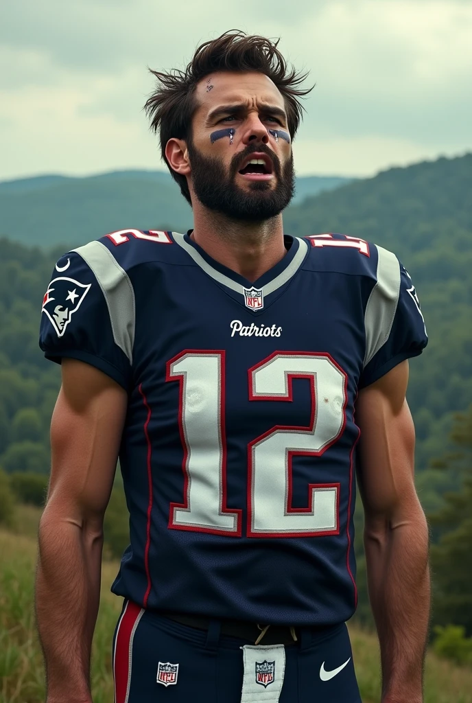 Profile picture of a young Logan Wolverine, CRYING IN FRONT OF HOLL , in a New England Patriots jersey suit #12