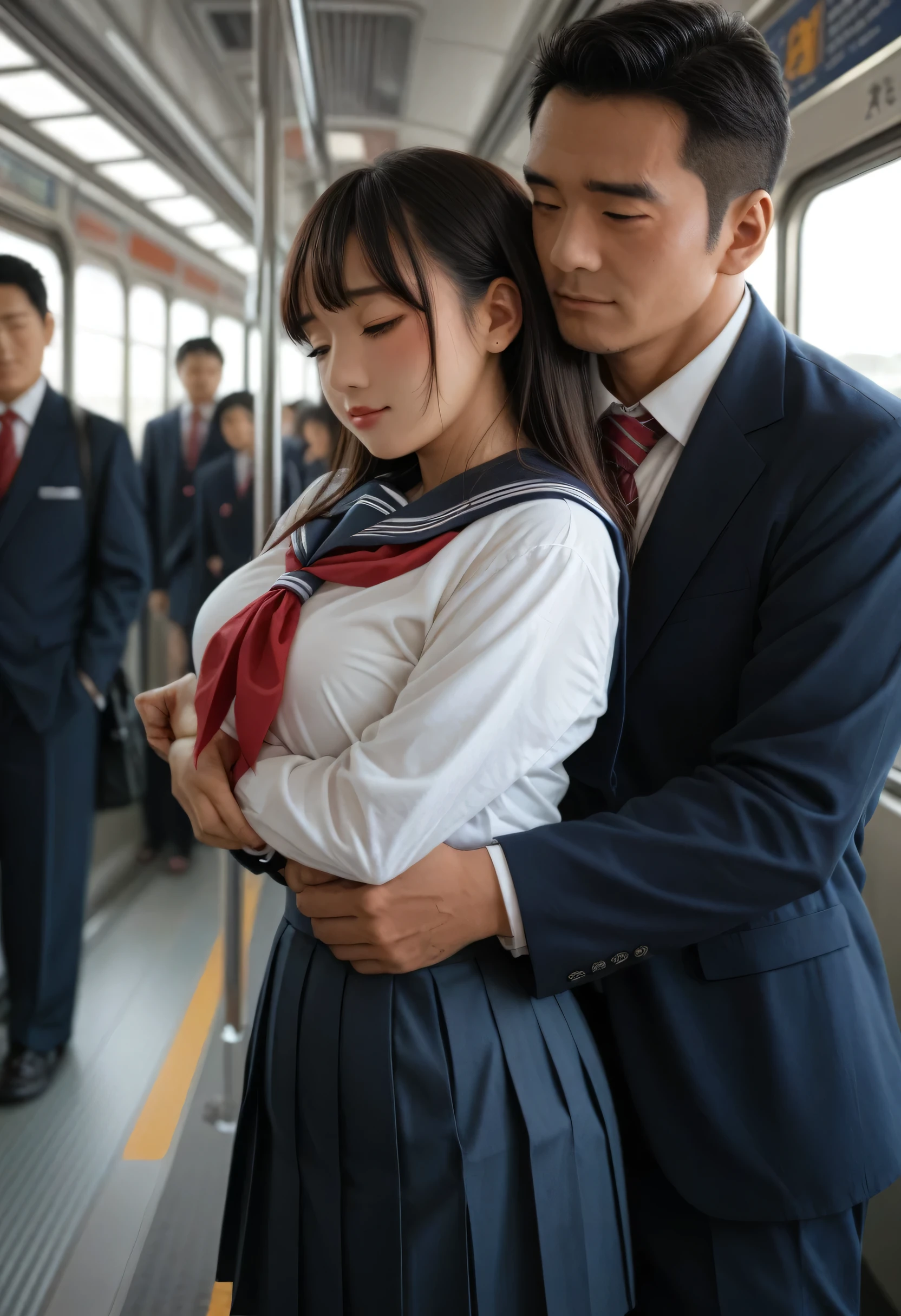 (​masterpiece:1.4),on the train,(1boy people:1.9),(1man:1.7),1girl,8man stands behind woman:1.8),(man whispers to girl:1.9),( man is touching girl's white panties:1.9)、(A man is touching girl's crotch:1.9),student clothes、standing,on the train、a man lifts a woman's skirt,man touching the crotch of girl、gairl is 15 years old,long hair,man is 50 years old,man is suit,man is short hair,red blush,red tie,serafuku,Dark blue pleated skirt,(skinny:1.0),(tikan:1.5),