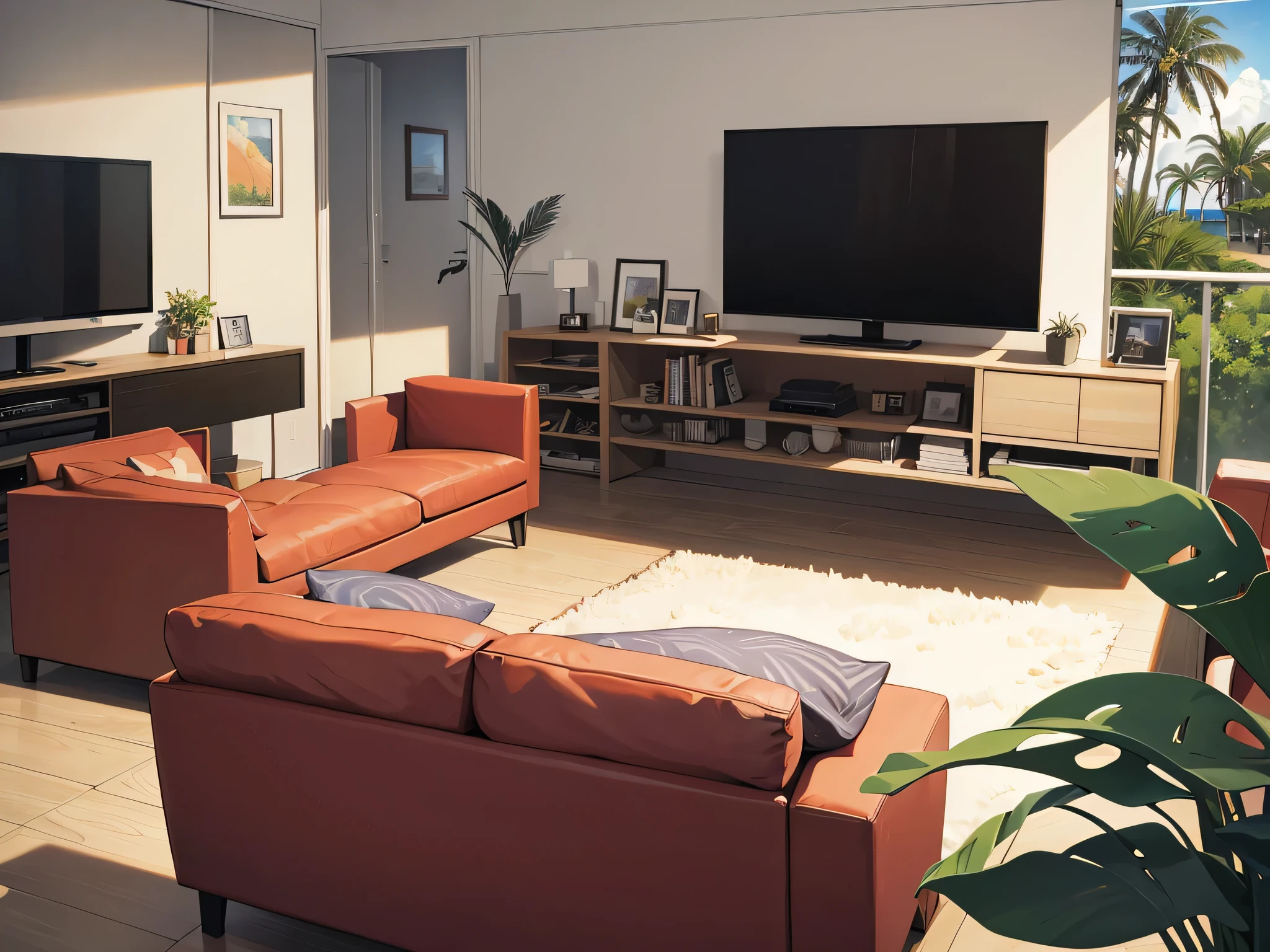 The living room has plush sofas and a large-screen TV.,Watching Boonie Bears, Palm tree beach landscape exterior