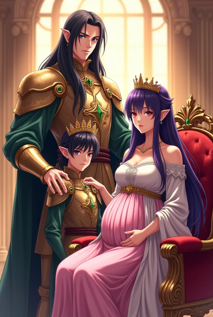 Royal portrait, Male character with long straight black hair, with RAF blue eyes, wearing armor and crown with inlaid emeralds, with a serious look, firm pose, while putting a hand on the shoulder of his son the human prince, purple hair, RAF blue eyes, next to the prince is his younger sister, an elf dressed as a princess with a pink and white dress, straight black hair and fuchsia pink eyes, next to them is their mother sitting on a chair elegant, pregnant woman with pointed ears, purple hair with black horns, fuchsia pink eyes, elegant pose, elegantly dressed as a queen, wearing her crown, looking at the camera, detailed, daytime, sun rays, ultra photography detailed, 4k quality lighting, high resolution, masterpiece, anime style