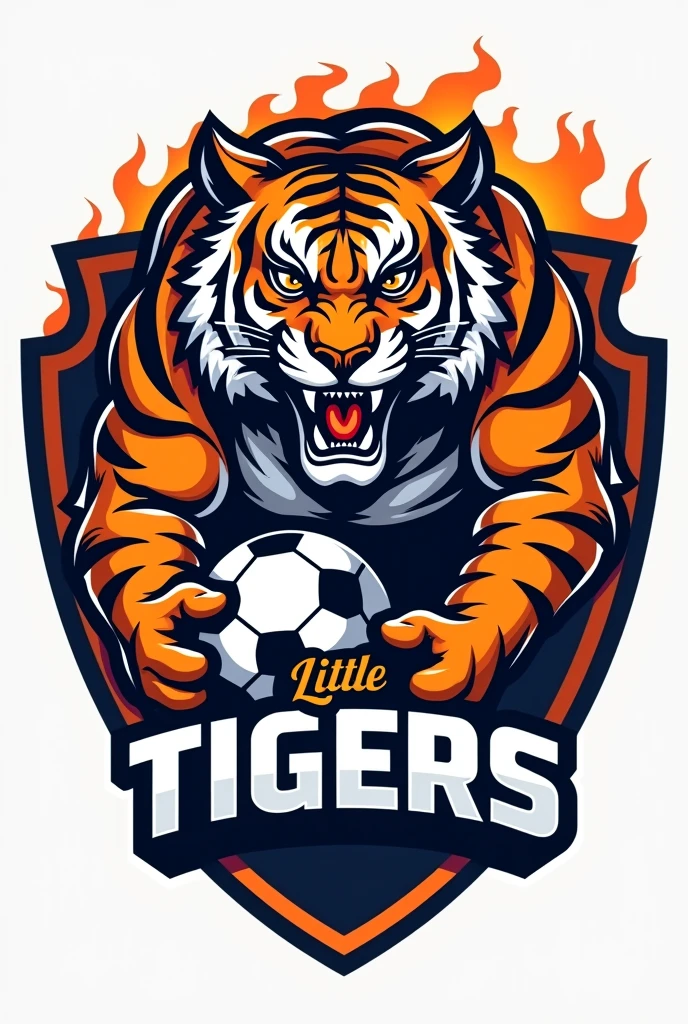 Com base no big tiger. Create a handball team shield, with the name "little tigers", where the tiger will represent the little tiger. The animal must have a handball in its hand, no people in the photo Tiger has to be angry MAKE IT MORE COMPETITIVE BUT I KNOW YOU CAN DO IT YOU FORGET TO PUT THE NAME