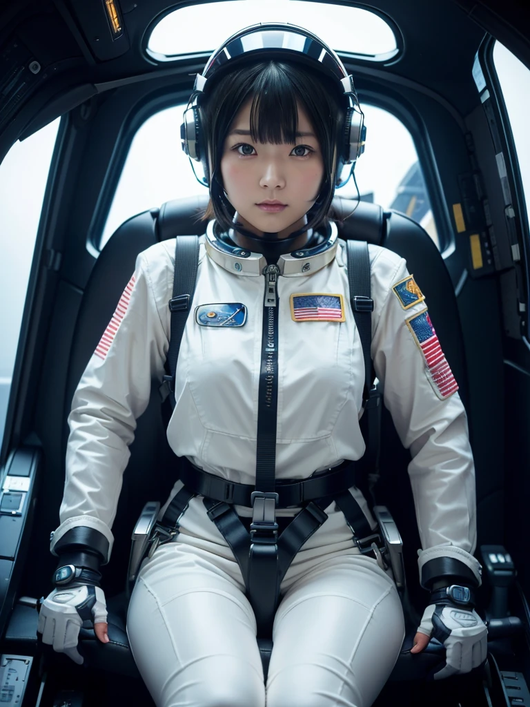 masterpiece, Highest quality, Very detailed, Japanese Android girl, Beautiful 2 Japanese woman, Plump,Control panel,Android,cyborg,Blunt bangs,Sitting in the cockpit of a spaceship and piloting it,The control stick is in the center of the seat.,astronaut,Thick harness belt,Full-face helmet,