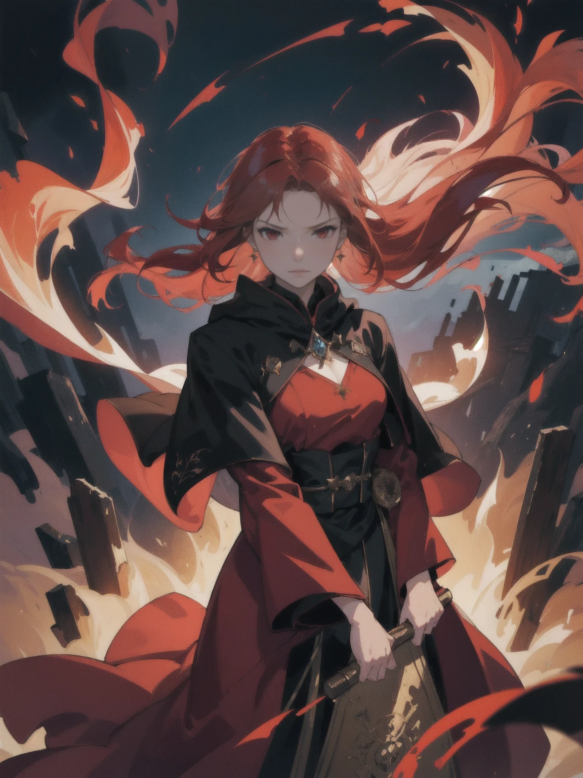 "Create an image of a young woman with striking red hair that flows like a cascade of flames. Her deep red eyes shimmer with intensity and a hint of mystery, reflecting her inner power. She stands poised, holding a sketchbook close to her chest, the pages filled with intricate drawings of mythical creatures. Her expression is one of quiet determination and hidden strength. She wears a dark, elegant cloak that billows slightly in the wind, contrasting with her fiery features. The background hints at a mystical landscape, perhaps a moonlit forest or a shadowy castle, evoking the sense of an impending magical event. The overall atmosphere should convey a blend of magic, mystery, and strength, with subtle undertones of vulnerability."