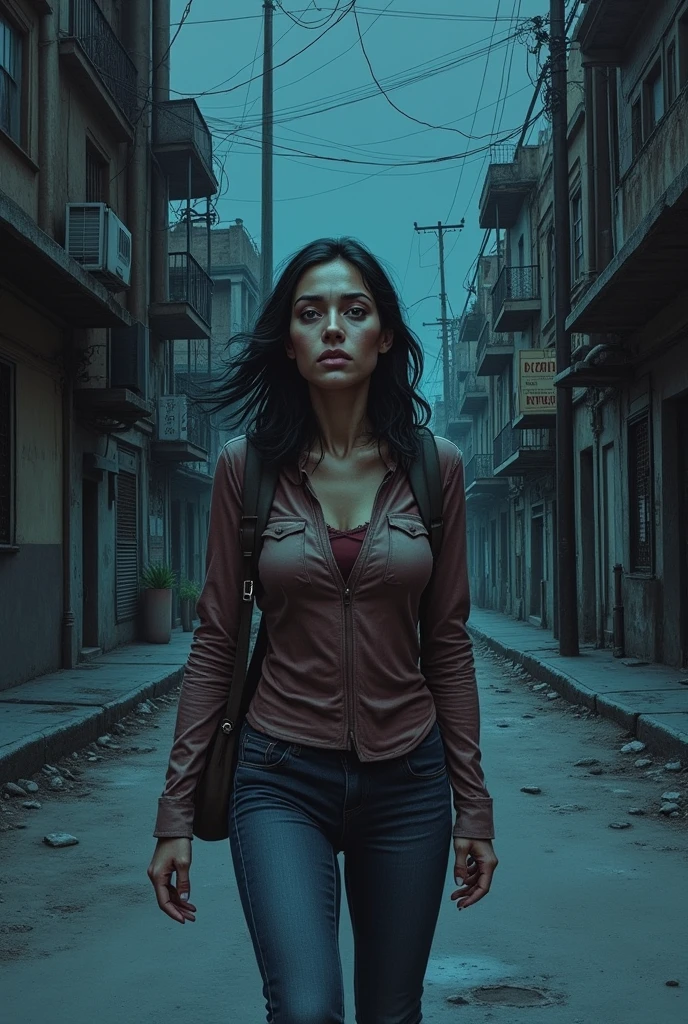 Realistic color drawing of that woman walking alone in a dark and deserted street in the city of La Paz... (Bolivia), She looks around nervously.. This woman is shown in the foreground with her worried face when she hears noises behind her, But after all that difficult moment he asks God for help with prayer and manages to save himself.