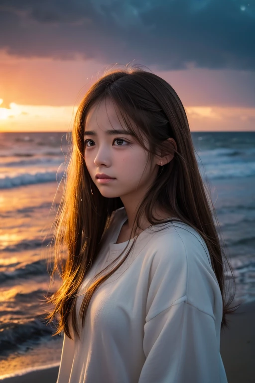 8K、13-year-old beautiful girl、detailed beautiful faces、Sleeveless dress、Entering the sea up to the chest、strong breeze、bustup、the setting sun