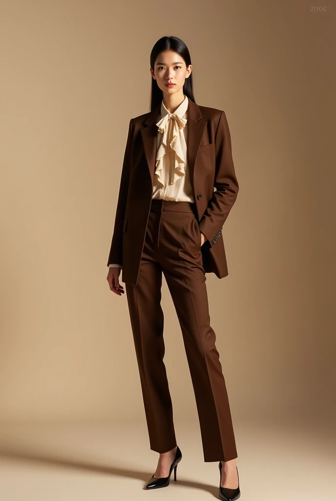 Korean female model wearing blazer, elegant blouse with ruffles, ties, pants and pumps. extremely elegant. Brown tones.