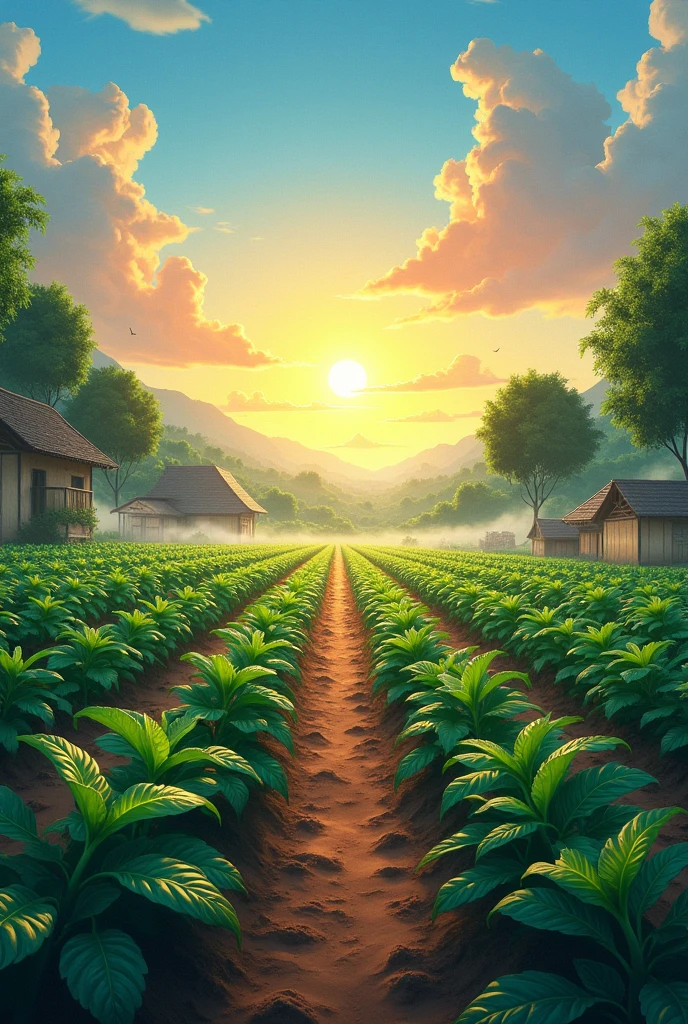 llustration of a village plantation with sweet potato plants. blue sky and sunrise aesthetic