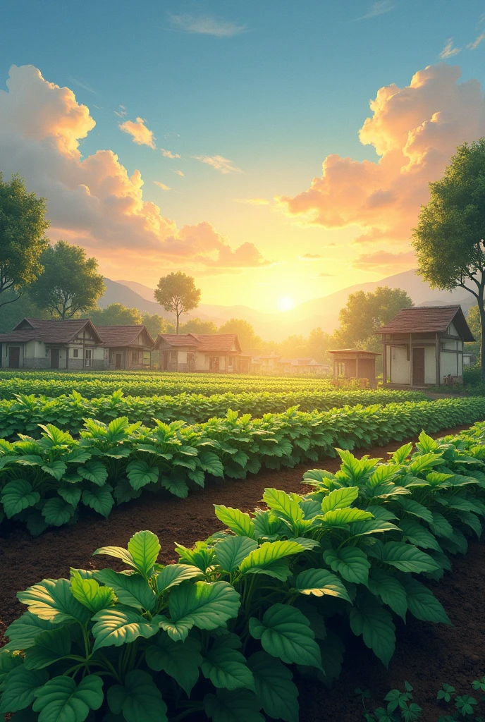 llustration of a village plantation with sweet potato plants. blue sky and sunrise aesthetic