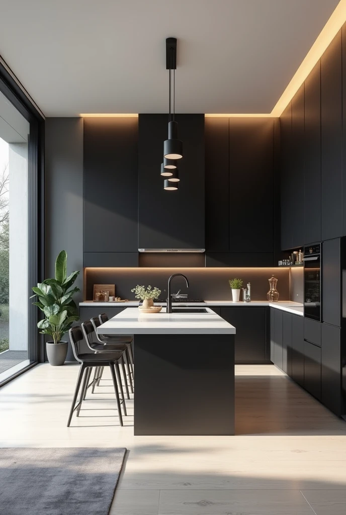 Create a 2m by 2m kitchen.5m in black and white tones with a window on the left of the image and a door on the front wall leading to the bedroom