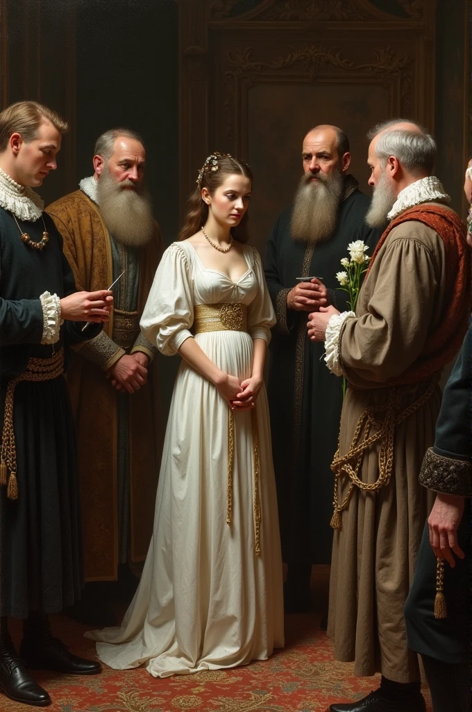 A young noblewoman finds herself surrounded by her family, receiving solemn instructions on their behavior and responsibilities. In the scene, Family members appear in postures that indicate advice and authority. Elements such as ribbons or chains around the young woman symbolize the social norms that bind her.. Symbols of purity could also be added., like white flowers, that reinforce the idea of chastity and obedience.