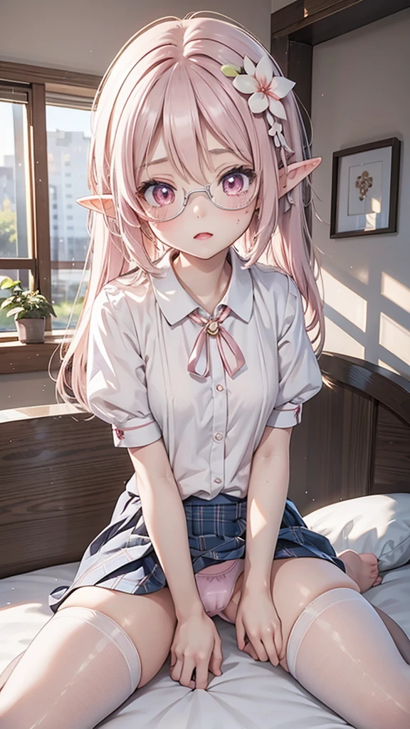 Anime style young female character。A small fairy 15cm tall、It has delicate, transparent wings on its back.。(Long pink hair、Big pink eyes。I wear round glasses。)White flower hair ornament。Wearing a pale pink dress、Puff sleeve design and knee length。Big breasts and slim figure。Elf Ears。The character looks a little embarrassed。A fantastic atmosphere with dancing light particles。High quality digital art。Photorealism、Highest quality、Ultra-high resolution、Woman in uniform sitting on bed、Low angle shot:1.5、(M-shaped foot:1.4)、((Showing her panties:1.5))、A sexy look for the camera、((pink silk panties))、((Panties close up:1.4))、Tartan Check Pleated Skirt、Over the knee socks、detailed、(PurerosFace_v1:0.008)、eyeliner、cheek、Embarrassing、Glare、Glossy lips:1.4、impatience、fear、Glare、Panty Appeal、Panty close-up:1.3、blush、Are crying、Cry、Open your knees、Spread your legs、Disheveled clothes、Change of clothes、bedroom、Anatomically accurate human body、Perfect Arms、Perfect hands、Perfect Fingers、Perfect Legs、Accurate human body