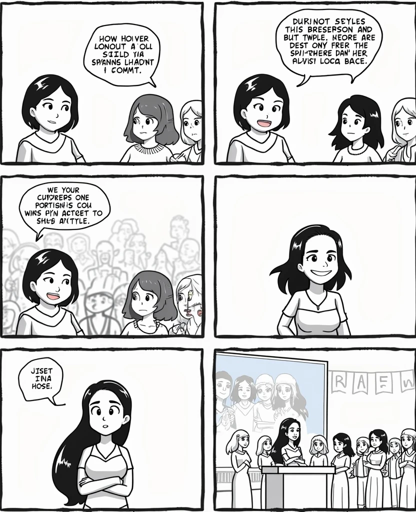Chapter 4: transformation**
**Image:** An outdoor community event where Luna and her group celebrate their achievements. There is a stage with women speaking into the microphone, while the public applauds them. In the background, You can see a mural painted by the group, representing women from different eras and cultures united in the struggle. Luna is standing in front of the mural, with an expression of pride and hope, while observing the result of their collective work.