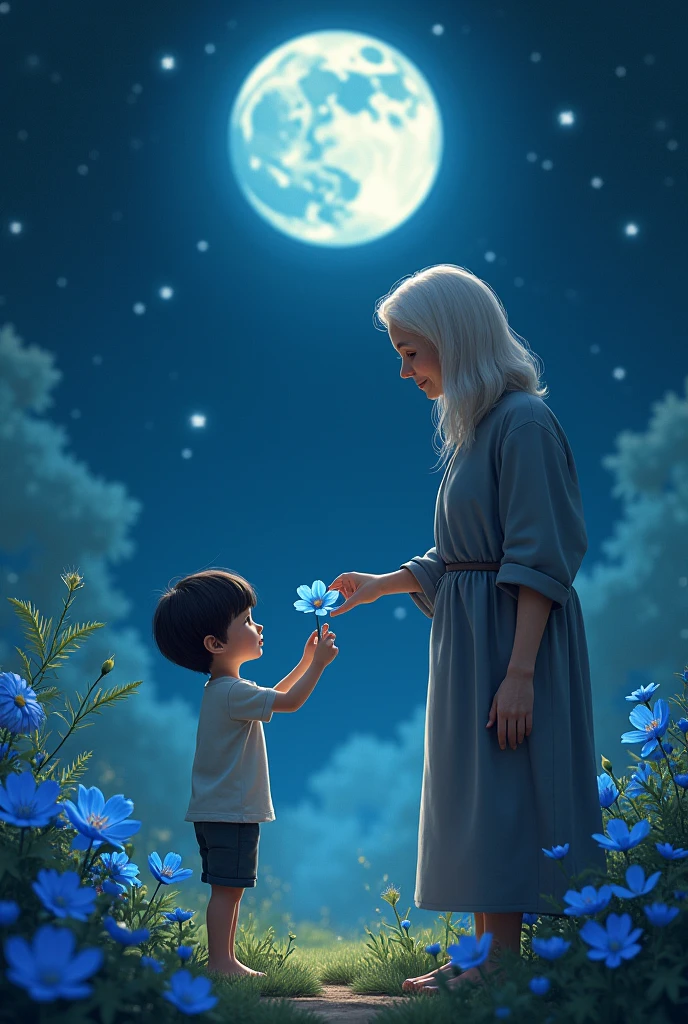 a boy plucking a bright blue flower and an old woman, Her serene figure illuminated by the moonlight
