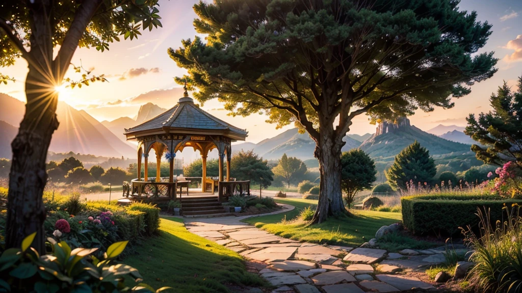 fairytale view with fantasy bandstand in a city park, dramatic mountain range, rocks plants flowers shrubs bushes trees moss stream lawns grass mushrooms fireflies,colourful sunset and strong sunbeams,very hazy,extreme details,photorealistic,4k,HD,beautiful,nature, dreamy, low shot,ground level photo, good luminosity