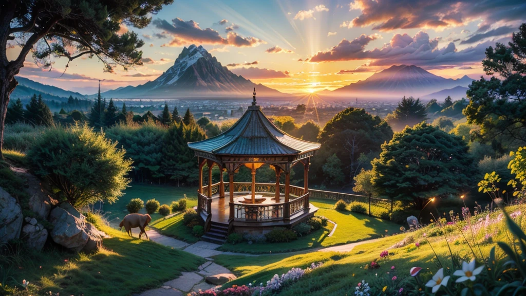 fairytale view with fantasy bandstand in a city park, dramatic mountain range, rocks plants flowers shrubs bushes trees moss stream lawns grass mushrooms fireflies,colourful sunset and strong sunbeams,very hazy,extreme details,photorealistic,4k,HD,beautiful,nature, dreamy, low shot,ground level photo, good luminosity