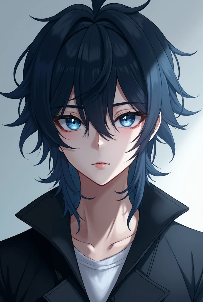 "A young male character with long hair reaching to his neck or ears, styled slightly wavy. His eyes are a striking blue (or white, if you prefer), giving him a mysterious and intense look. He wears a simple yet stylish outfit that complements his youthful appearance. The background is a subtle gradient, keeping the focus on the character's features. The lighting should be soft, highlighting the texture of his hair and the color of his eyes."