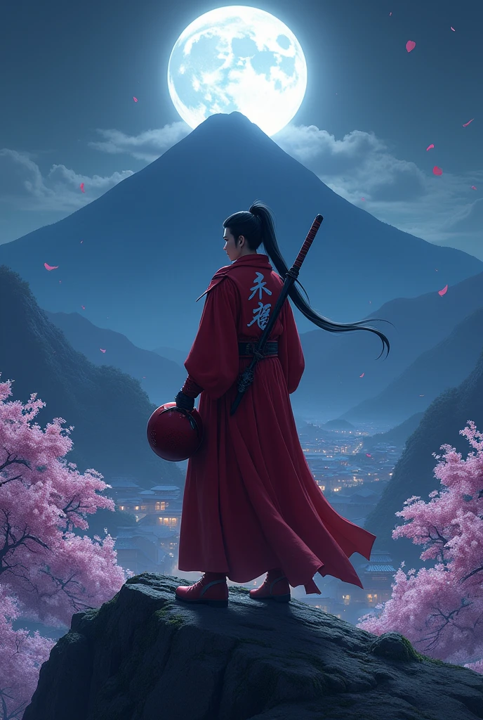 A guy named Tsy, 170 cm tall, with black hair and blue eyes, hair tied into a ponytail with a piece of leather similar to a hair tie, tail length to shoulders, he has scarlet armor with a cape, On the black cape are Japanese runes denoting peace, The color of the runes is white. Tsi has two blades, one is two-handed on his back, the other is a regular katana., holds a scarlet helmet in his hands, [top quality] [1:1] environment night full moon Tsi stands on the mountain, under the mountain there is an ancient Japanese settlement in the center of the settlement cherry blossoms have blossomed, [top quality] [1:1] Phone wallpaper 