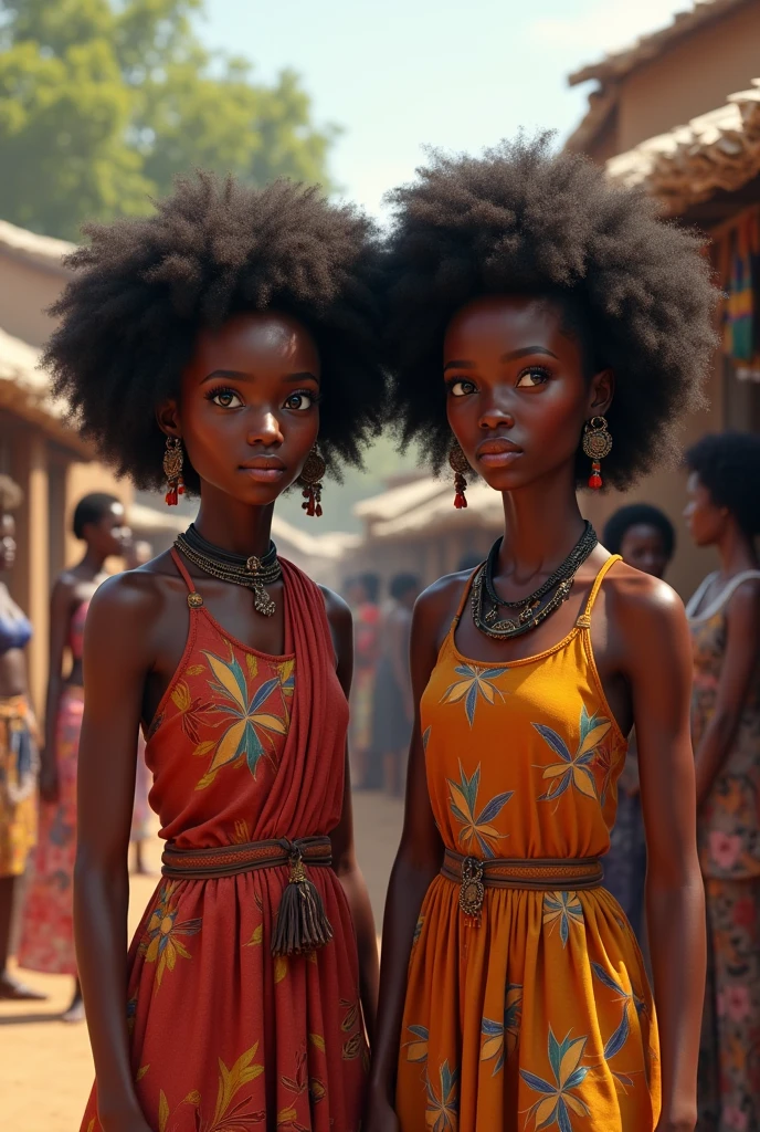 Generate an image of two dark black girls with Afro hair in their local wear in an African setting surrounded by people