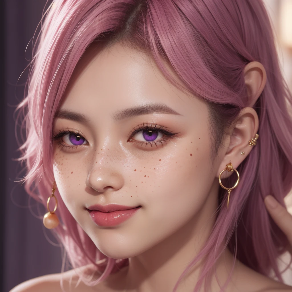 1 girl, Japanese, 4k, realistic, soft skin, texturized skin, long whavy pink hair with bangs, shining purple eyes, red eyeliners, shining pink lips, freckles, round gold earings, smile, closed mouth, soft lighting, portrait, face focus, close up, bright colors, facing viewer.