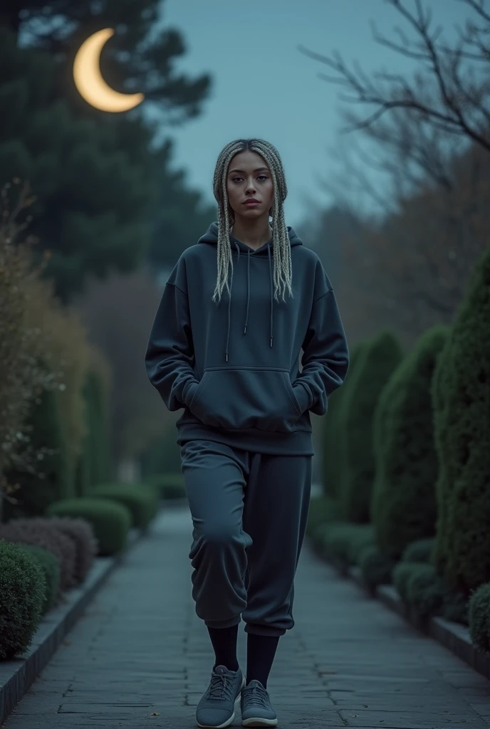 1 sister、Short braided hair up、ashen hair、gold eyes、therefore 3/4 length hoodie、A sweatshirt that clearly shows the lines of your body、Very inflated" breasts big" 、therefore 3/4 long pants、Grey sneakers、" black pantyhose" 、" Parkour" Running movement、A pale white garden at night、Pale Crescent Moon、beautiful waist