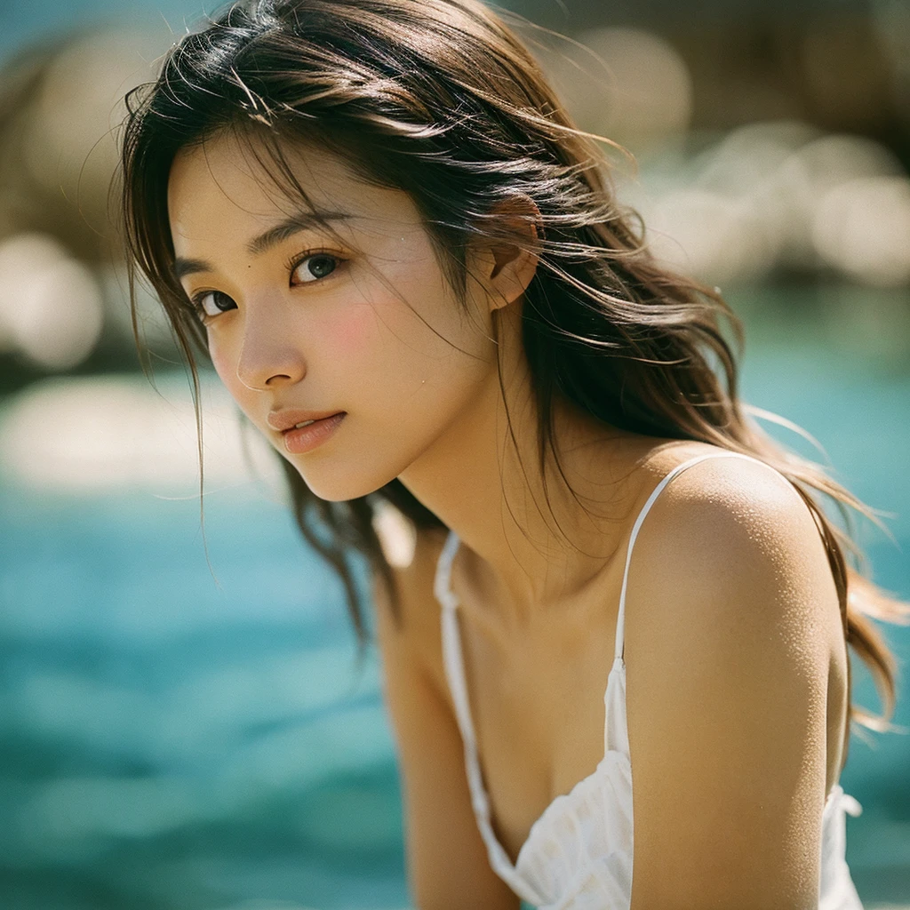 A hyper-realistic image of a single Japanese woman in her early 20s, captured with the nostalgic warmth and subtle graininess of a film camera, showing her from the shoulders up as she stands on a sunlit beach. Her skin has a warm beige tone with a natural, slightly rough texture that includes visible pores, fine lines, and subtle imperfections such as small blemishes and slight unevenness, enhancing the authenticity of her appearance. The texture is intentionally made less smooth, with the natural graininess of the film adding to the overall realism. The soft, diffused natural light gently illuminates her face and shoulders, creating a timeless, organic feel with subtle shadows that enhance the film-like quality. Her straight, glossy black hair flows naturally in the ocean breeze, framing her face, and her deep brown eyes reflect the soft sunlight and the shimmering sea. The film camera effect introduces a slight grain and a softer focus, giving the image a warm, nostalgic atmosphere while maintaining the deliberately rougher texture of her skin. The composition, focused on her upper body, captures the serene elegance of the beach setting, highlighting her natural beauty and the gentle interaction of light and shadow on her skin. The combination of realistic, slightly rough skin texture, soft natural light, and the film-like qualities ensures that this image presents a lifelike, captivating portrayal of the woman, centered on her face and shoulders.