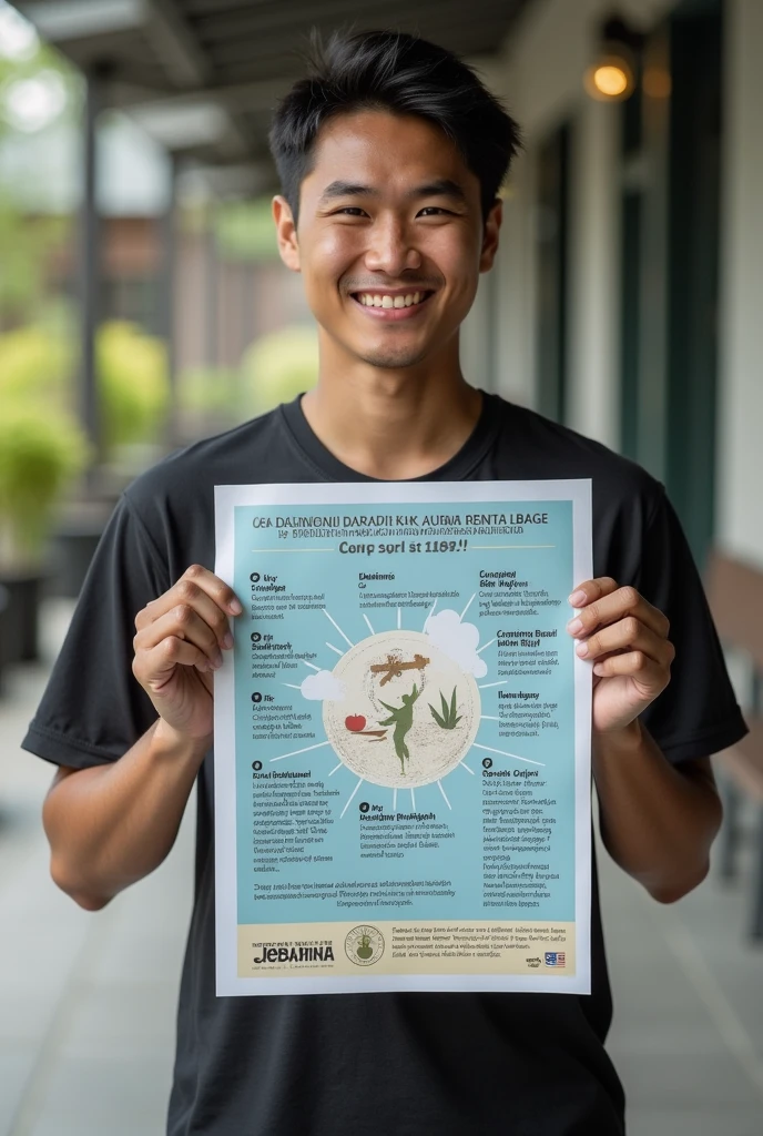 The poster is entitled religious moderation and washatiyah Islamic moderation using Indonesian and there is a young man holding it.