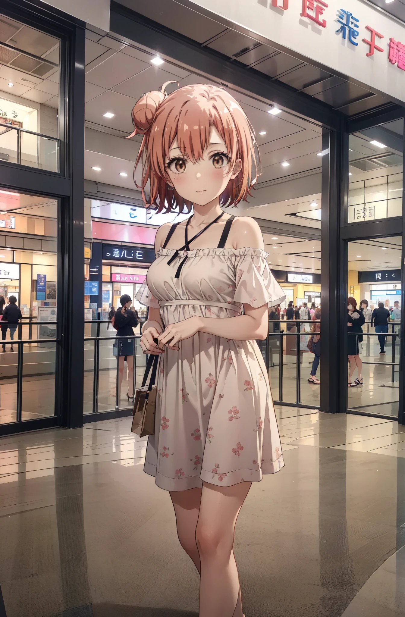 yuiyuigahama, yui yuigahama, short hair, (Brown eyes:1.5), (Pink Hair:1.2), Hair Bun, single Hair Bun,Big Breasts,smile,blush,Open your mouth,Off-the-shoulder dress,Exposing shoulders,bare clavicle,Bare neck,Rocket Pendant,mini skirt,Cute heeled sandals,Walking,whole bodyがイラストに入るように,
break indoors,Shopping mall,
break looking at viewer, whole body,
break (masterpiece:1.2), Highest quality, High resolution, unity 8k wallpaper, (shape:0.8), (Beautiful attention to detail:1.6), Highly detailed face, Perfect lighting, Extremely detailed CG, (Perfect hands, Perfect Anatomy),