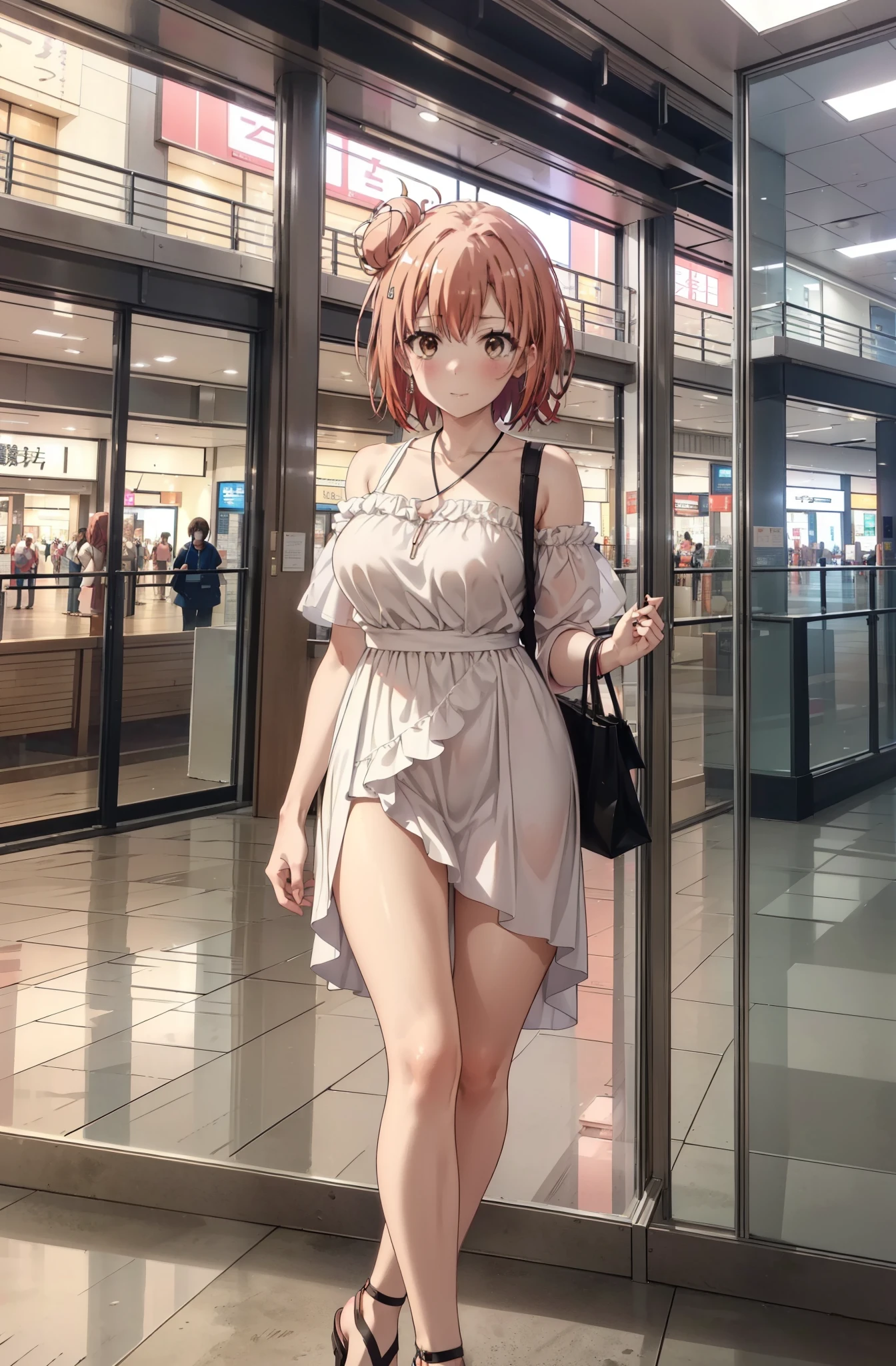 NSFW, best quality, ultra-detailed, walking , (1 woman:1.4), (solo:1.4), (Liz 32 years old with wavy pink medium hair and medium-large breasts and light brown eyes, :1.3), (makeup:0.8),medium wavy pink hair, looking looking at viewer, medium-large breasts, shopping street, summer, (sweat.1.2), cicada, ,at Matsuyama, cicada, 