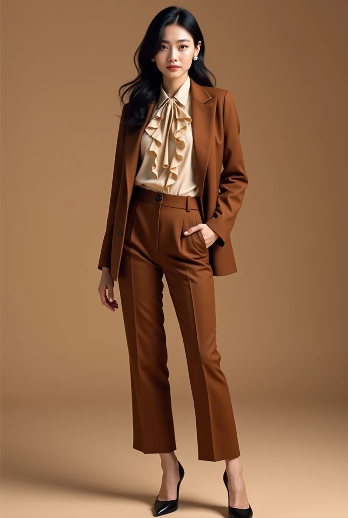 Korean female model wearing blazer, elegant blouse with ruffles, ties, pants and pumps. extremely elegant. Brown tones.