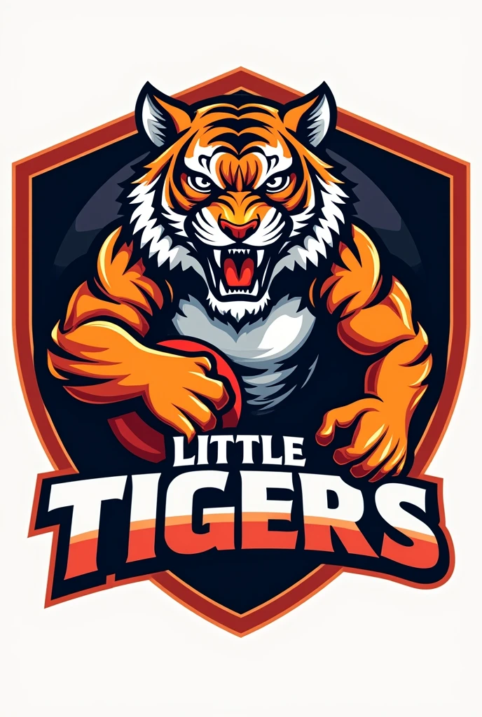 Com base no big tiger. Create a handball team shield, with the name "little tigers", where the tiger will represent the little tiger. The animal must have a handball in its hand, no people in the photo Tiger has to be angry MAKE IT MORE COMPETITIVE BUT I KNOW YOU CAN DO IT YOU FORGET TO PUT THE NAME