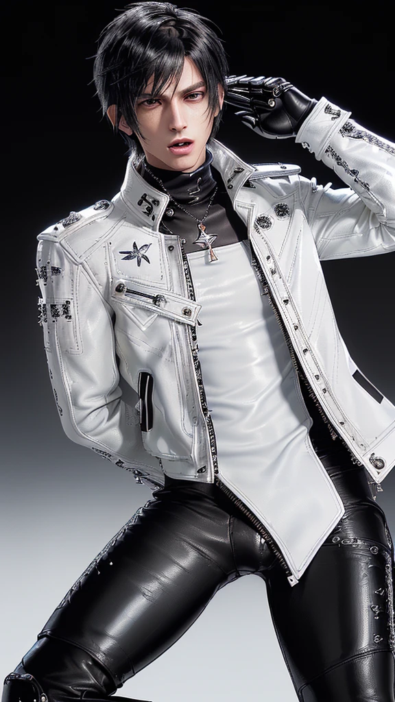 ((Final fantasy taste and reality graphics)), ((Japanese young cute and cool ikemen  boy)), his age is early 20s, thin eyebrows and beady eyes,  ((((he wearing white color and  shining brightly enamel leather thick single-brest  jacket)))), ((with epaulet)), ((enamel leather jacket close all zippers)),, ,(( jacket collar is high length stand-up collar with belts)), jacket is a little black line pattern,close the front of the jacket, (((also wearing black color turtleneck shining brightly enamel leather shirts))),  (((tight black and shining brightly enamel leather pants))), ((((shining brightly black enamel leather tight and thin glove)))), ((black color and shining brightly leather knee-high raceup boots)),head-to-toe, whole body, boy looks like fashion model,Do not show skin from the neck down,(((all his clothes are smooth design and very shining)))